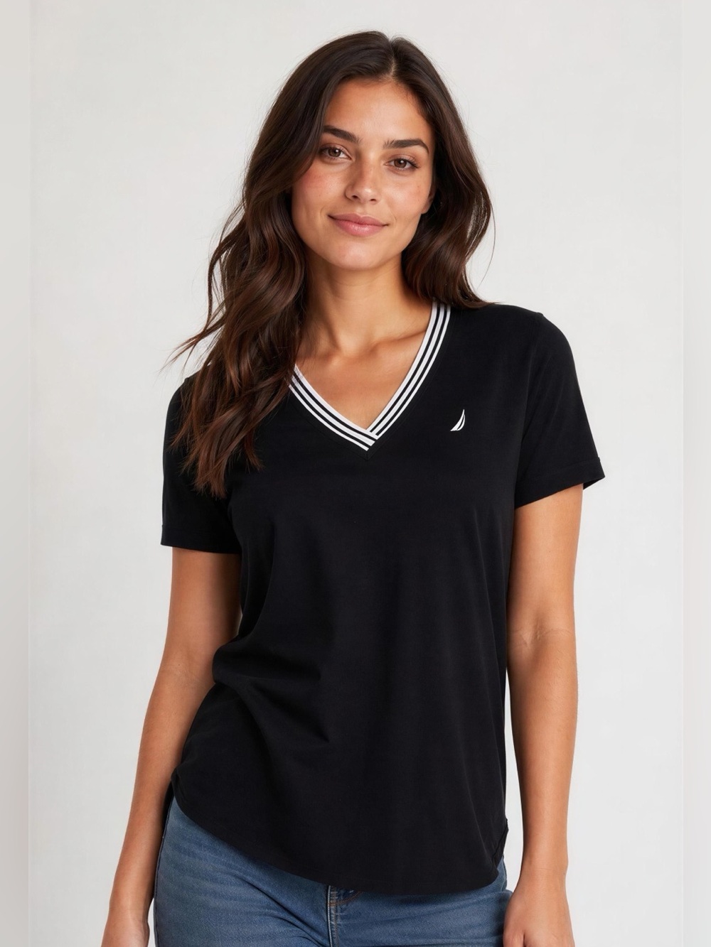 Nautica Classic Black Tee with White Striped Collar